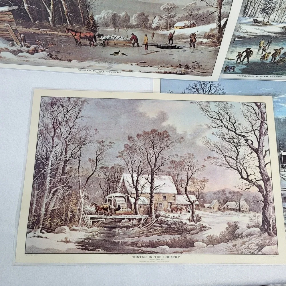 Currier and Ives American Winter Scenes 4 VTG Placemats Set Reversible Christmas